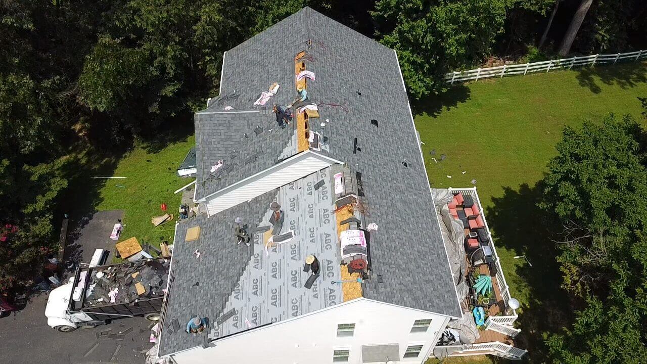 Aerial view of roof under construction.